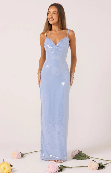 Sheath V-Neck Spaghetti Strap Sequin Maxi Gown Bridesmaids Dress With Slit