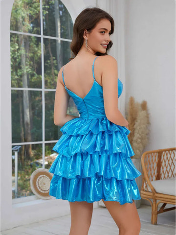 Shimmering Tiered A-line Plunge V-neck Sleeveless Metallic Satin Mini Ruffled Homecoming Dress