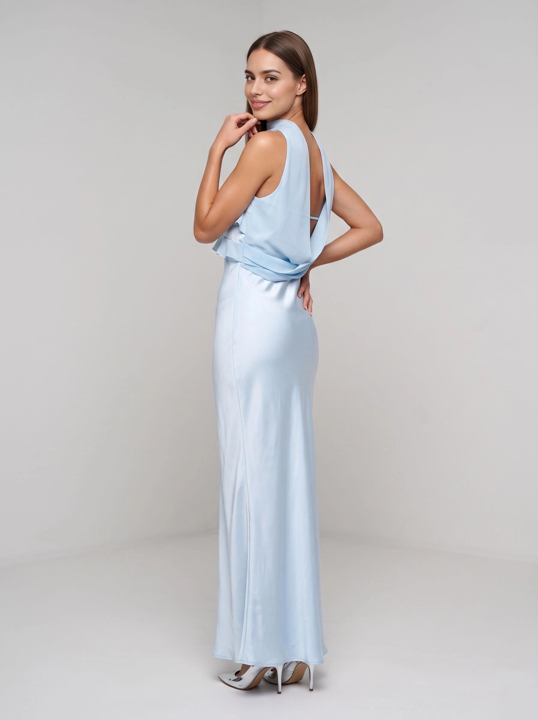 Sky blue mermaid long bridesmaid dress strapless ruffled bodice detachable neck scarf draped cowl open‑back glossy satin formal gown from Vedress