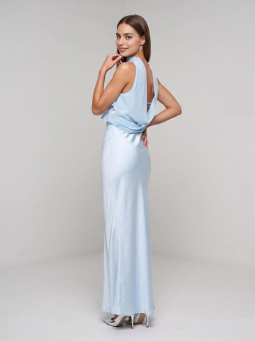 Sky blue mermaid long bridesmaid dress strapless ruffled bodice detachable neck scarf draped cowl open‑back glossy satin formal gown from Vedress