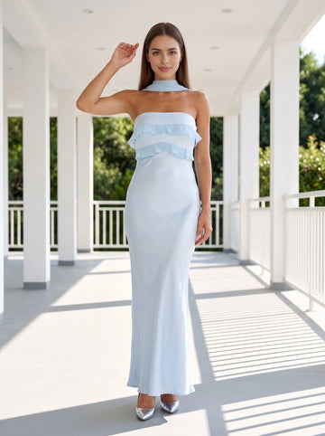 Sky blue mermaid long bridesmaid dress strapless ruffled bodice detachable neck scarf draped cowl open‑back glossy satin formal gown from Vedress