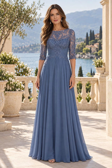 Slate blue A-line mother of the bride dress with sheer illusion round neckline, floral embroidered lace bodice, three-quarter lace sleeves and floor-length skirt