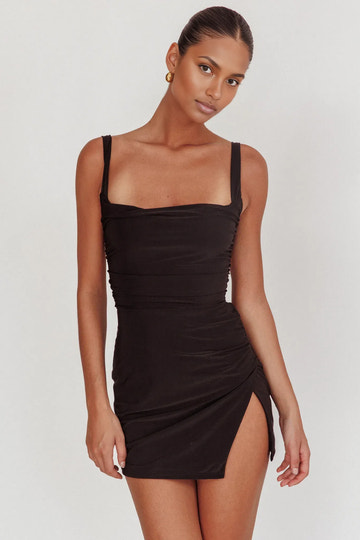 Sleek Bodycon Square-Neck Sleeveless Slinky Mini Open-Back Tie-Back Side-Slit Cocktail Dress