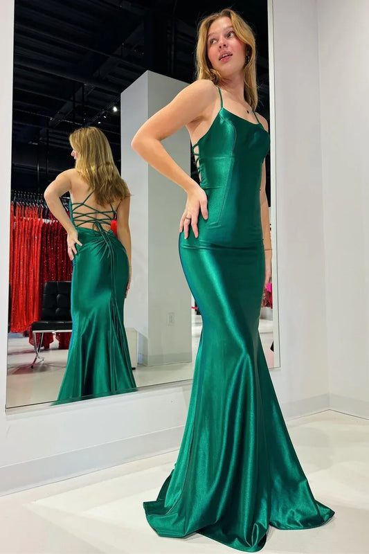 Sleek Emerald Green Satin Lace-Up Back Mermaid Prom Gown