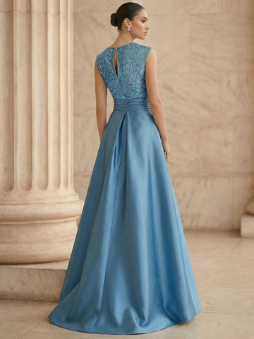 A-Line V Neck Sequin Sleeveless Formal Evening Dresses with High Slit