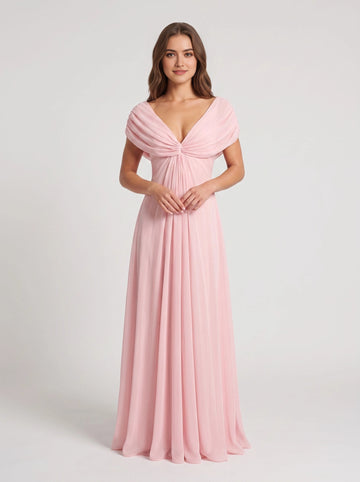 Vedress blush chiffon bridesmaid dress, twist knot v‑neck, draped off‑shoulder short sleeve long gown