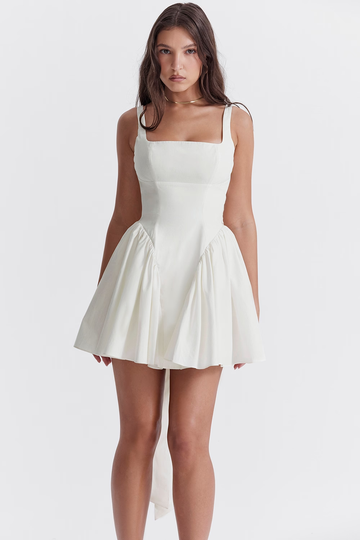 Ivory Romantic Bow Mini Dress soft square sleeveless open back bow Homecoming dress