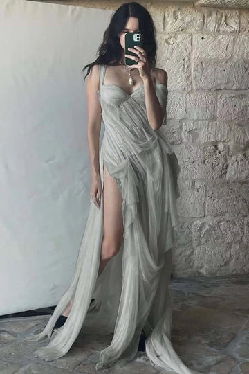 Soft sage off-the-shoulder sweetheart maxi prom dress with high slit and draped overlay