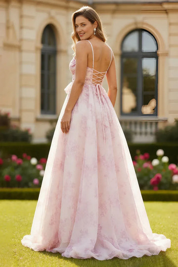 A-Line Floral Spaghetti Strap Lace Up Back Prom Dress With Bow