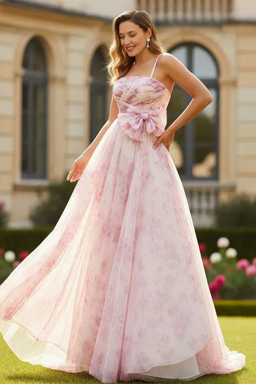 A-Line Floral Spaghetti Strap Lace Up Back Prom Dress With Bow