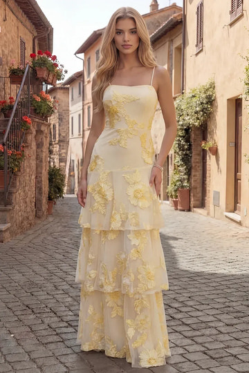 A-Line Tiered Ruffle Square Neck Spaghetti Strap Floor Length Prom Dress