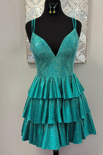 Sparkly A-Line V-Neck Spaghetti-Strap Short Tiered Lace-Up Homecoming Dress