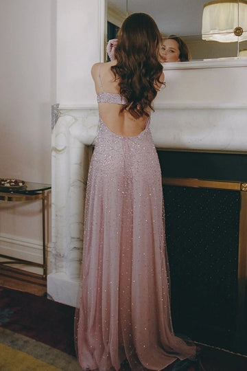 Pink sparkly prom dress with spaghetti straps and low open back by Vedress