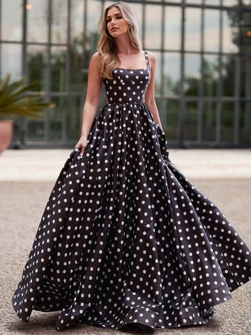 Vestido de fiesta con cuello cuadrado, corte en A, espalda abierta, lunares y sin espalda, estilo vintage