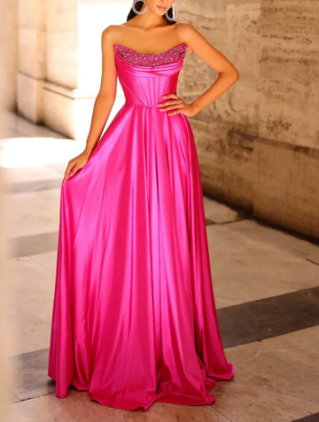 Glamorous A-Line Formal Strapless Prom Dresses Beaded Satin Maxi Gown