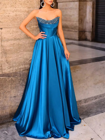 Glamorous A-Line Formal Strapless Prom Dresses Beaded Satin Maxi Gown