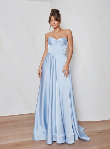 Elegant A-Line Strapless Corset Satin Maxi Gown Formal Evening Dress