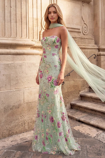 Vedress mint green strapless floral sequin mermaid prom dress with a straight neckline and floor-length skirt, styled with a sheer scarf.