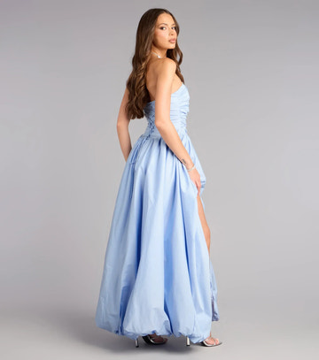 Vestido de fiesta formal con escote palabra de honor, silueta A, cordones, dobladillo de burbuja y abertura alta