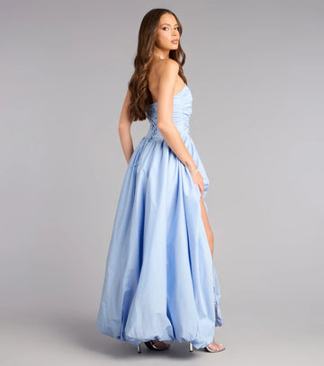 A-Line Strapless Lace-Up Bubble Hem Formal Prom Dress With Hight Slit