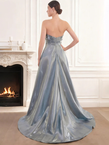 A-Line Satin Strapless Pleated Shimmer Floor Length Evening Dress With Pleats