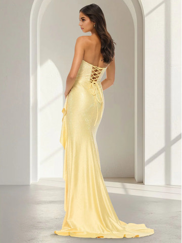 Mermaid Strapless Ruffle Maxi Gown Glitter Satin Wedding Guest Dresses With Side Split