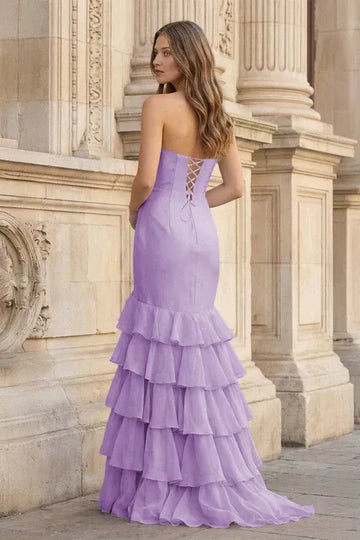Glamorous Mermaid Strapless Ruffle Slit Lace Up Floor Length Prom Gown