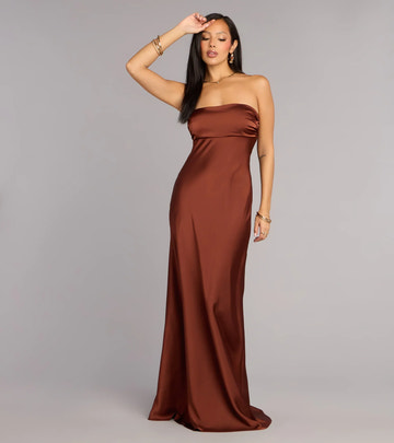 Elegant Sheath Strapless Tie-Back Satin Maxi Gown Formal Evening Dress