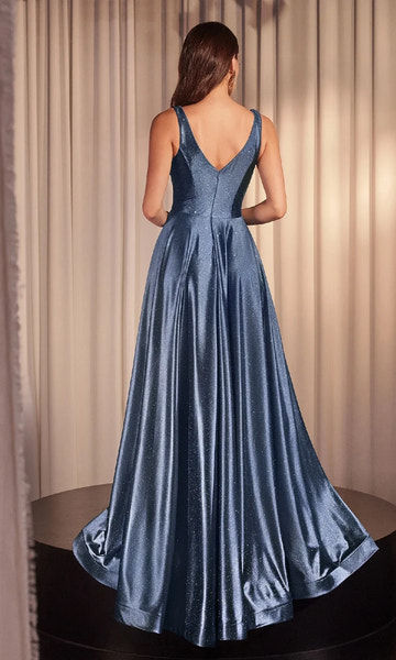 Stunning A-line Plunging-V Sleeveless Shimmer Floor-length Pleated-bodice V-back Prom Dress