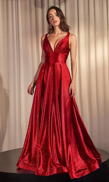 Stunning A-line Plunging-V Sleeveless Shimmer Floor-length Pleated-bodice V-back Prom Dress