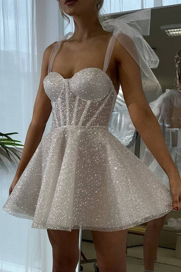 A-Line Sweetheart Neck Bow Corset Glitter Homecoming Dress