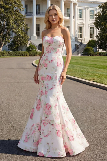 Vestido de fiesta de satén sirena con escote corazón, sin tirantes, largo hasta el suelo y con cola, con estampado floral