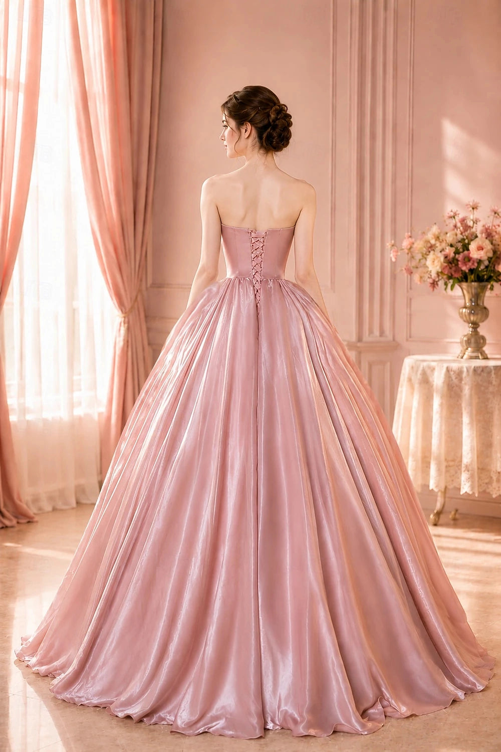 Vedress princess formal gown corset lace up back full satin floor length rear view