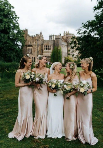 Classic Sheath Spaghetti Straps Champagne Long Floor length Bridesmaid Dress Satin Charmeuse Solid Gown