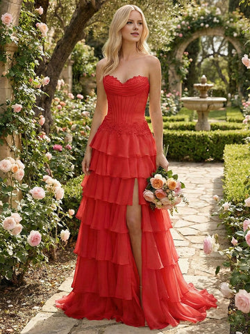 Vedress elegant tiered high-low prom dress with strapless sweetheart neckline and lace bodice