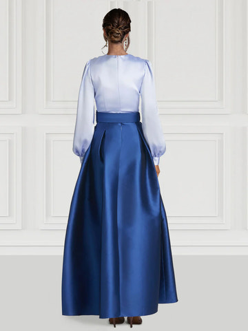A-Line V-Neck Puff Sleeve Belted Satin Maxi Dress Cocktail Dresses with Belt / Sash