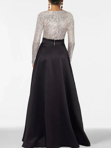 A-Line V-Neck Sequins Long Sleeves Floor-Length Formal Evening Dresses With Pocket