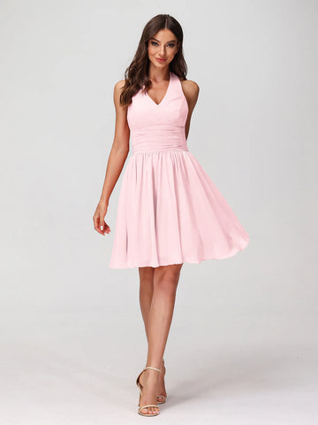 Halter Neck V-Bust Ruched Waist Chiffon A-Line Mini Bridesmaid Dress