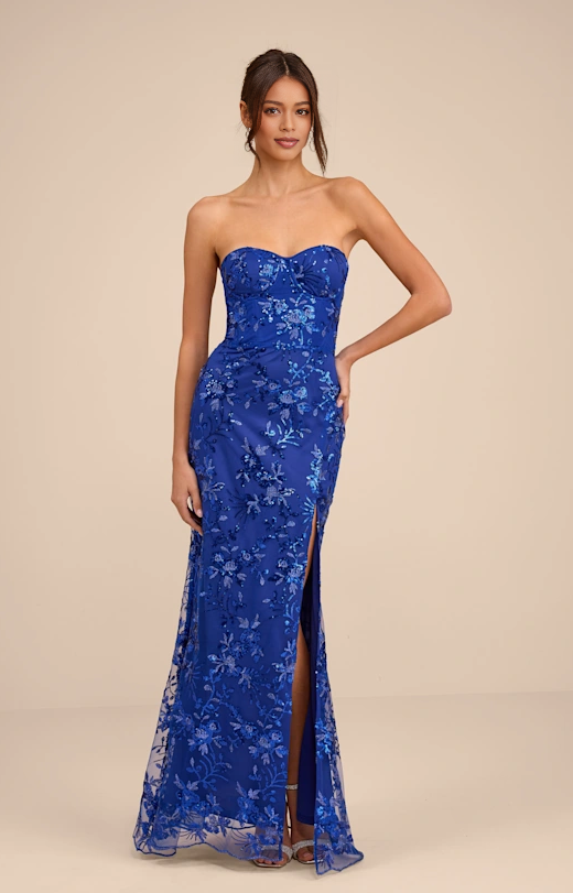 Glamorous Mermaid Maxi Dress Strapless Open Back Sequin Tulle Floor-Length Prom Dress