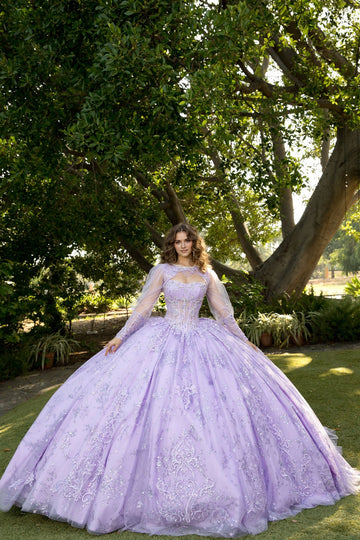 Vedress lavender quinceañera ball gown with a strapless sweetheart neckline, sheer-effect corset bodice and sparkling scroll embellishments.