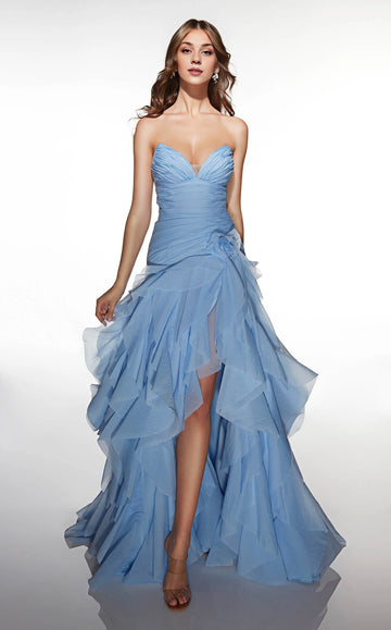 Vedress light blue prom dress with a strapless sweetheart neckline, ruched bodice, side floral accent and cascading ruffled skirt.