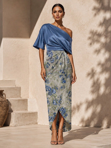 Vedress blue satin one shoulder midi wedding guest dress with floral print wrap skirt front view