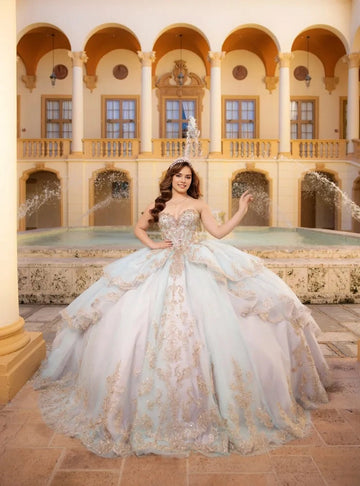 Vedress baby blue strapless quinceanera ball gown sweetheart neckline champagne gold sequin floral lace ruffled tulle with large back bow prom dress front view