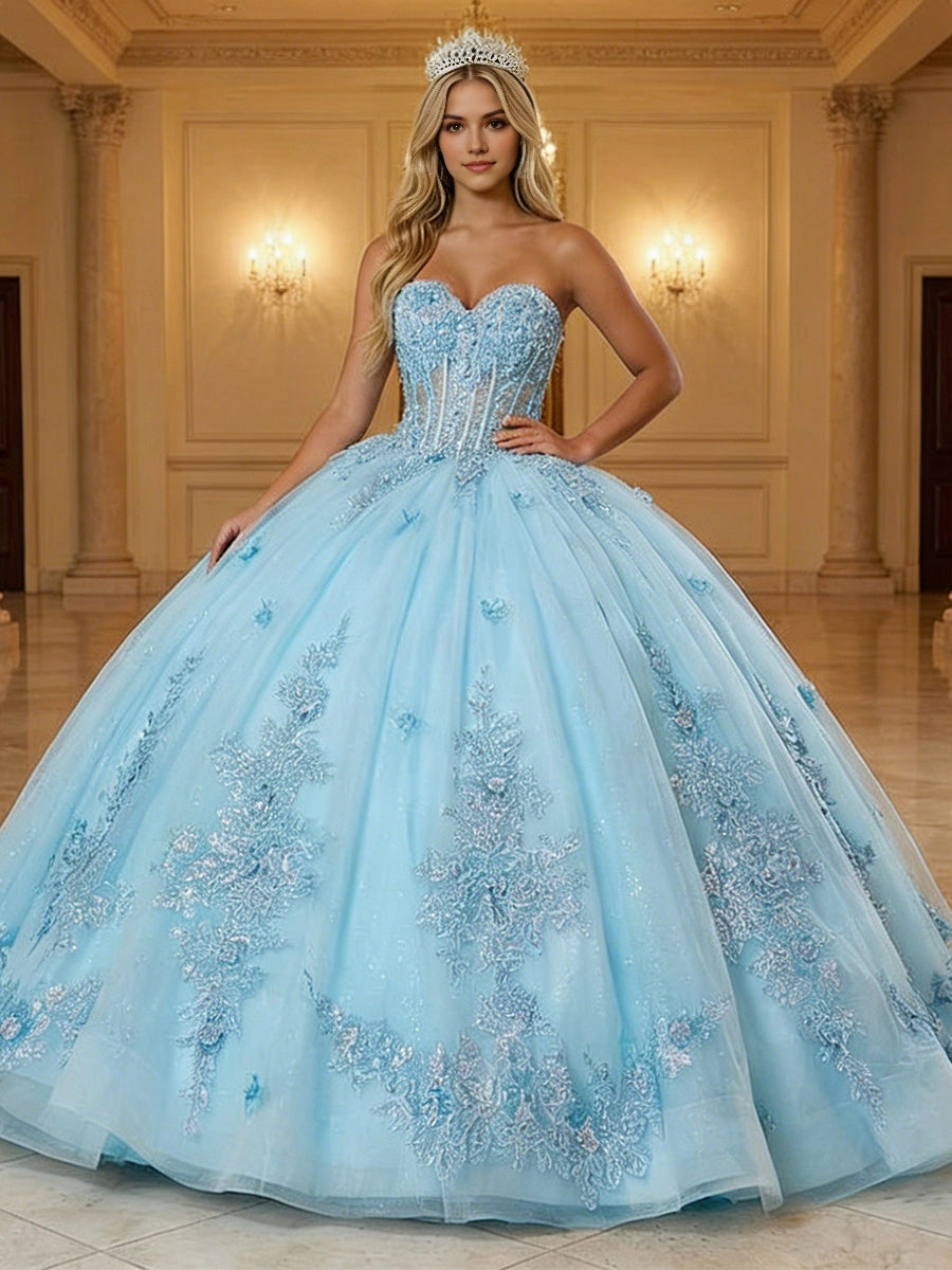 Vedress baby blue strapless quinceanera ball gown sweetheart neckline 3D floral glitter tulle prom dress front view