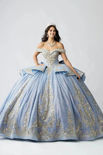 Vedress sparkly blue off shoulder ball gown quinceañera dress with gold embroidery front view