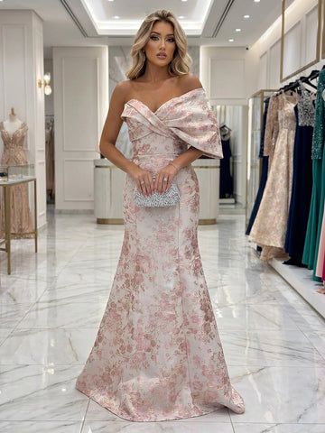 Vedress blush floral jacquard one shoulder mermaid wedding guest gown front view