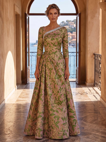 Vedress blush green gold floral jacquard asymmetrical beaded neck 3/4 sleeve A-line floor length mother of bride gown front view