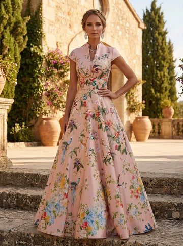 Vedress blush pink floral bird print stand collar cap sleeve A-line floor length wedding guest gown front view