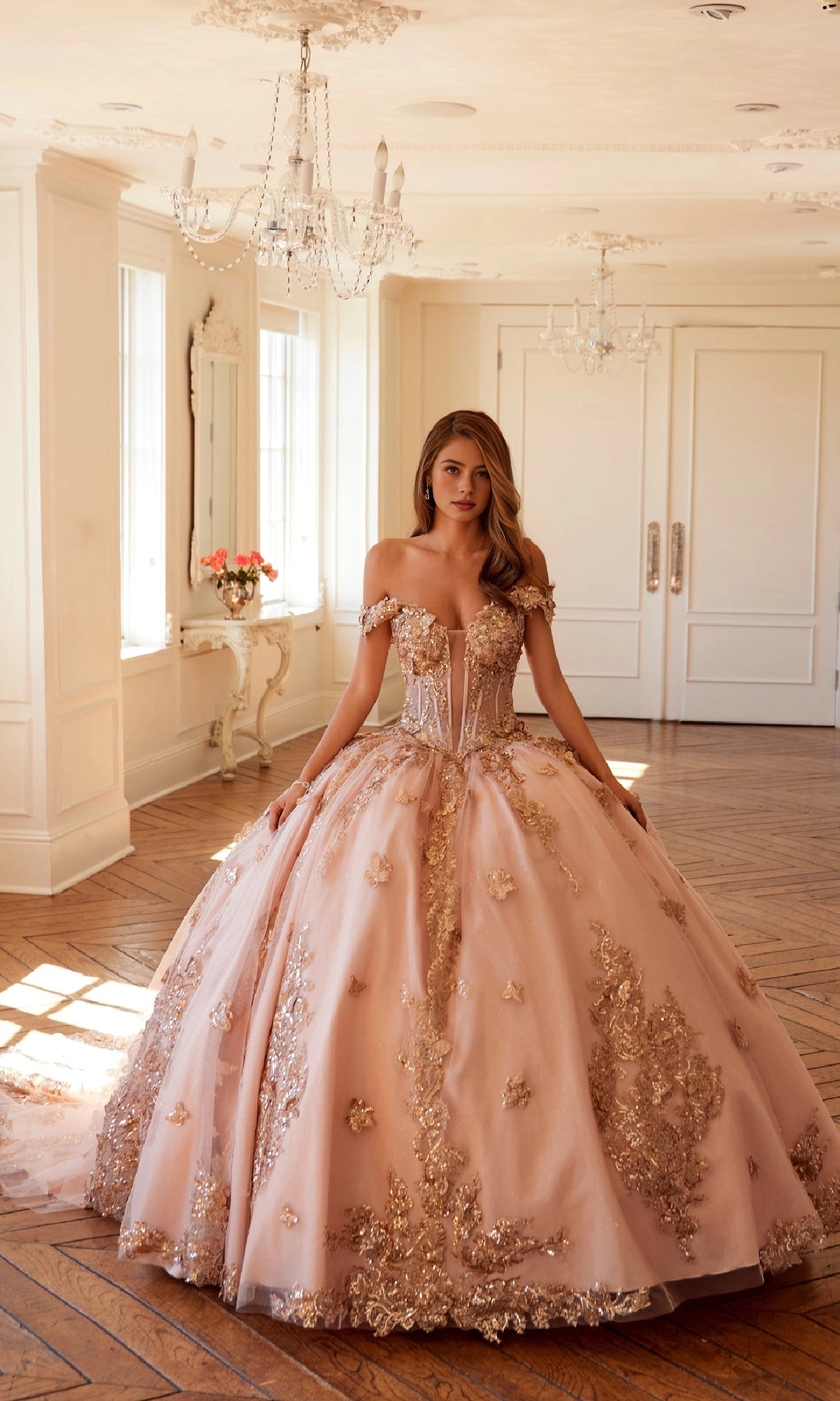 Vedress elegant blush pink off‑shoulder quinceanera ball gown gold sequin lace applique 3D butterfly glitter tulle prom dress front view