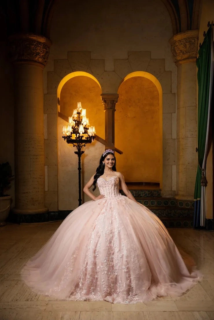 Vedress blush pink quinceanera ball gown sweetheart off the shoulder puff sleeves 3D floral appliques sparkly tulle ball skirt front view